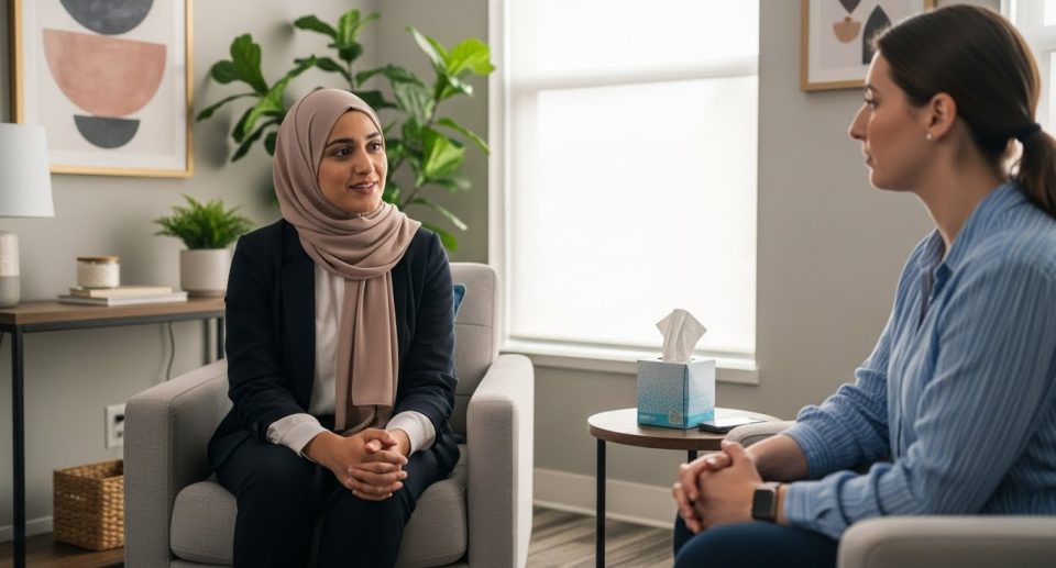 a muslim therapist and her client during a therapy session