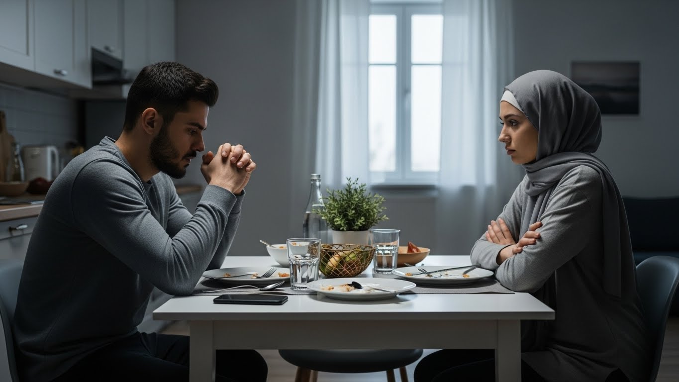 A Muslim couple at the dinner table looking unhappy after an argument