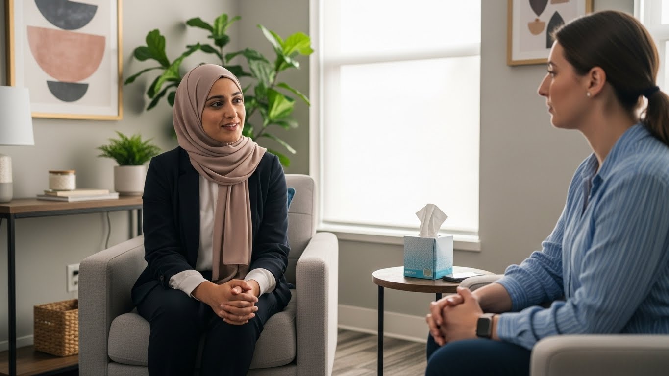 A therapy session between a US based therapist and her client