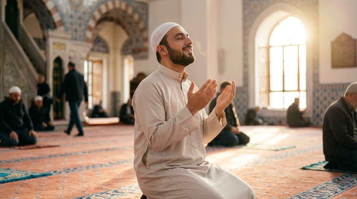 A Muslim man showing gratitude