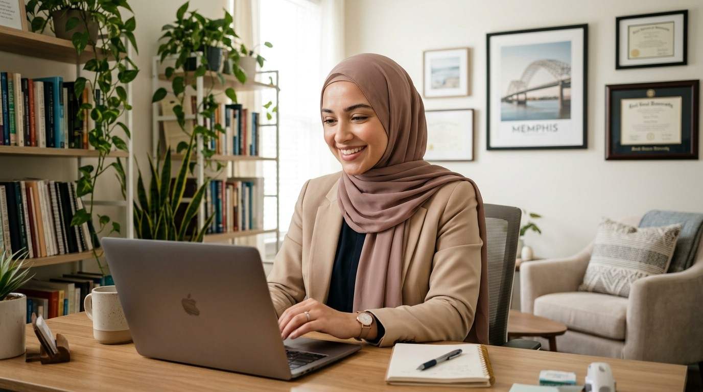 Online therapy video session with a Muslim therapist